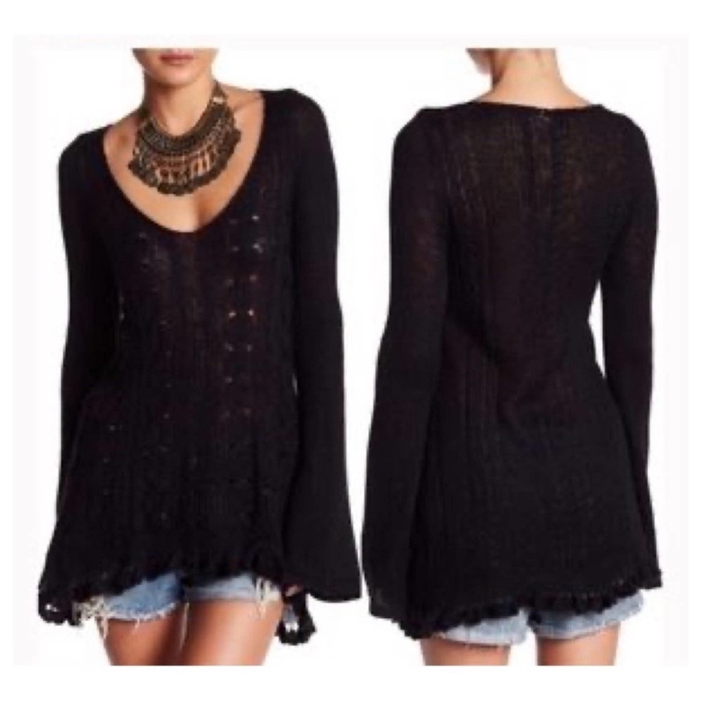 Free People Sweater Alpaca Blend Cable Knit Bell Sleeve Tunic Style Black Medium